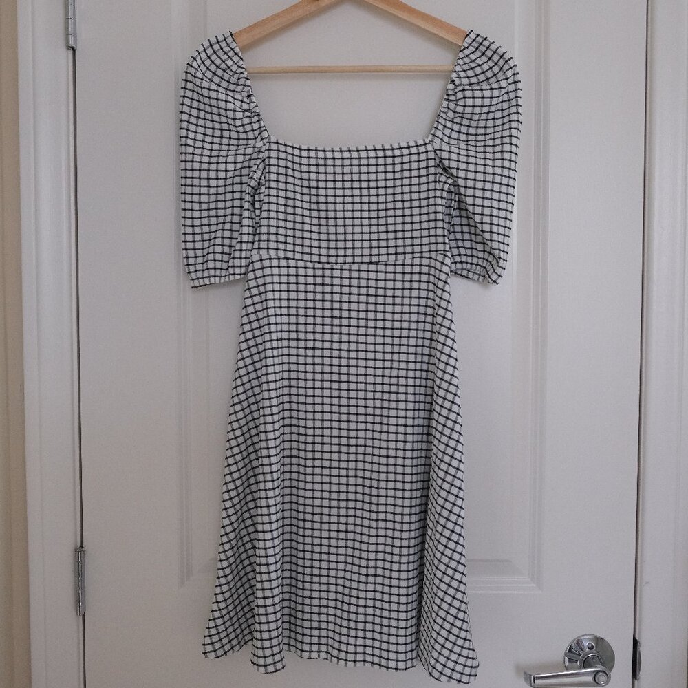 Zara Plaid Puff Sleeve Square Neck Babydoll Dress (S)